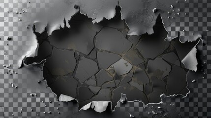 Cut holes in metal sheet with curly edges. Rigged cracks and ripped slash design element isolated on transparent. Realistic 3D modern illustration.