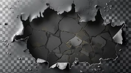 Fotobehang Cut holes in metal sheet with curly edges. Rigged cracks and ripped slash design element isolated on transparent. Realistic 3D modern illustration. © Mark