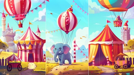 Modern cartoon set of festival flyers featuring a circus stage and balloons. Carnival funfair posters featuring elephants on balls, tents, and food carts.