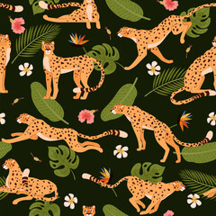 Vector seamless pattern with cheetahs and monstera, fern and an exotic flowers on a black background.