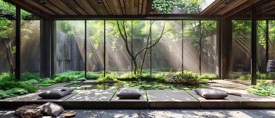 Cozy Modern Japanese Home with Sunlight Streaming through Wooden Framework, Zen Garden View, Minimalist Interior Design