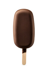 Brown smooth chocolate coated popsicle on a wooden stick handle isolated. Transparent PNG image.