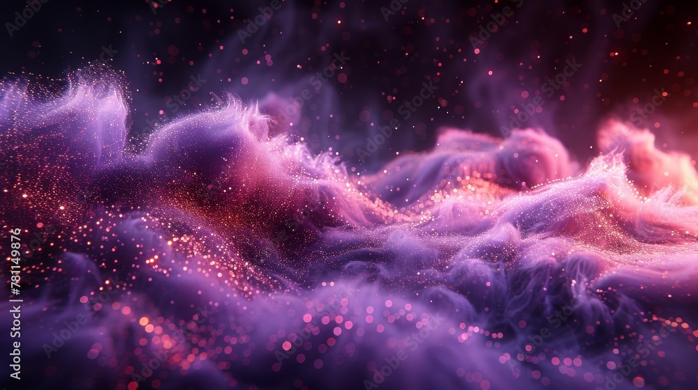 Wall mural Isolated, modern set of flowing violet clouds of fog or steam with shimmer isolated on black background. Flows of magic dust with glitter and sparkles.