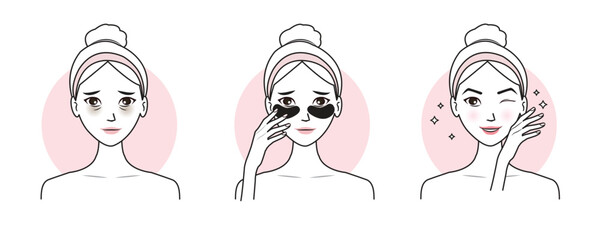 Cute woman apply eye patches treat under eye bags vector illustration isolated on white background. Direction for use eye mask treatment, reduce dark circles, puffiness, dryness and crow feet lines.