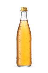 Cool yellow soda in glass bottle with droplets and ice isolated. Transparent PNG image.
