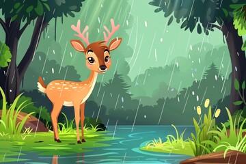 a cartoon of a deer standing in the rain