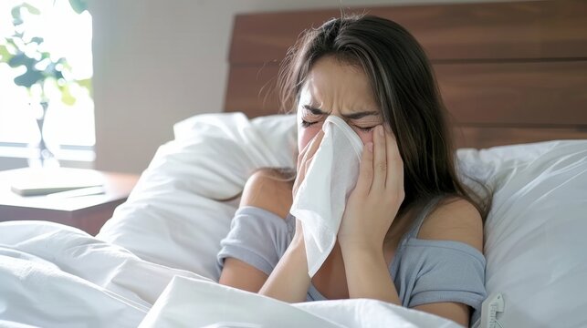 A woman lies in bed, tissues scattered, her face flushed with illness, blowing her nose, portraying the raw reality of sickness.
