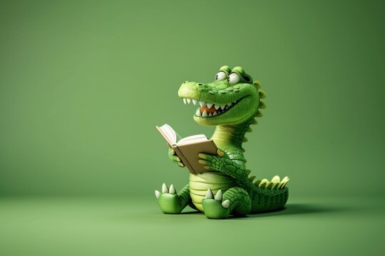 a green dragon reading a book