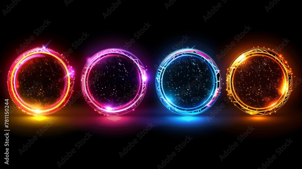 Leinwandbilder circles of glowing neon color with wavy dynamic lines on black background technology concept. use fo