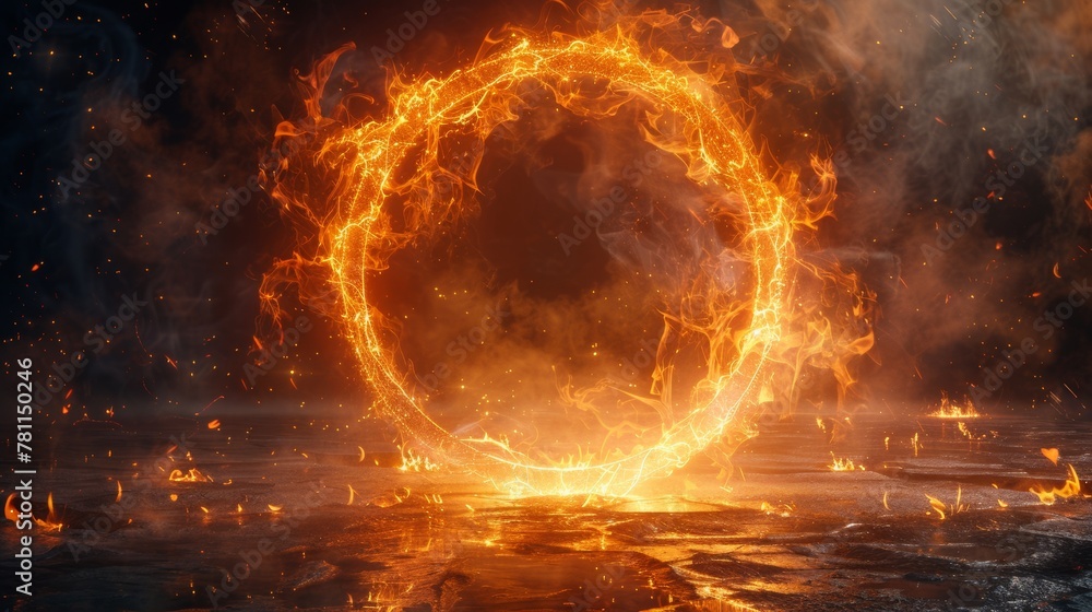 Poster magic witchcraft circle with runes. ethereal fire portal sign with strange flame spark. decor elemen