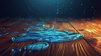 Perspective view of water spills on a tabletop. Realistic background with liquid puddles, drops on a wet kitchen surface.