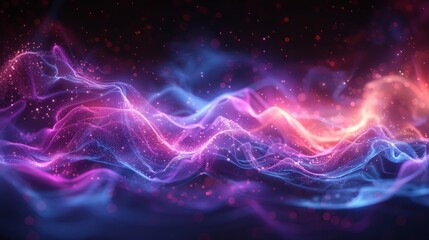A neon laser wave swirl with glowing light effect. Electric wavy trail; thunderbolt; and a cyber futuristic border with purple and blue laser beams. Modern illustration.