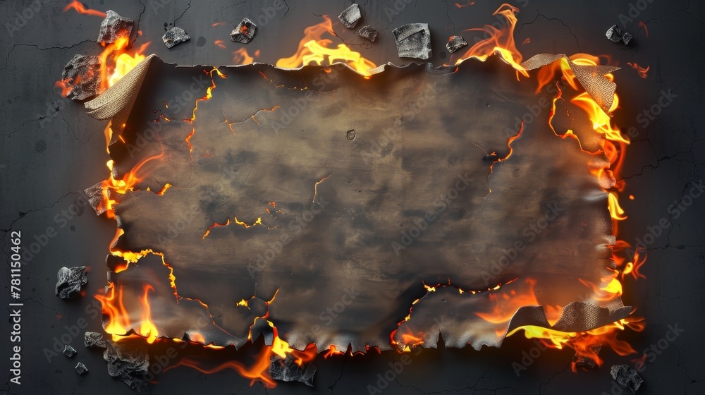 Poster an isolated burning paper border on a transparent background, along with a burnt, torn or ripped fra