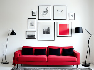 Bilderrahmen über einem roten Sofa