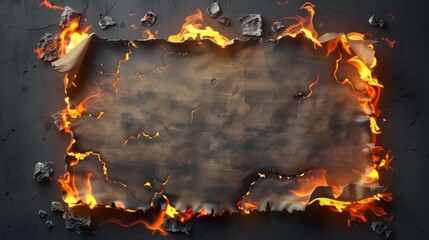 An isolated burning paper border on a transparent background, along with a burnt, torn or ripped frame isolated on a transparent background. Set of realistic 3D modern objects.