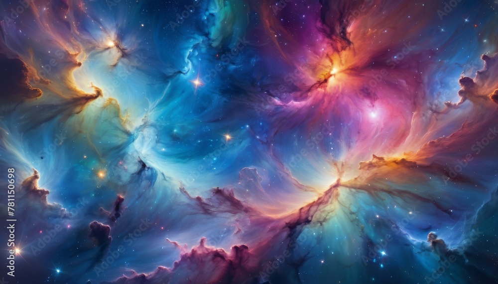 Poster this vibrant image captures a sprawling cosmic nebula, aglow with radiant colors and starlight, evok