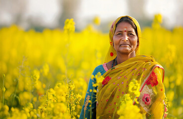 An indian woman farmer in a yellow mustard flower field.