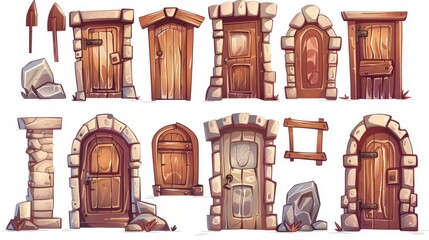 Wooden front door with stone frame isolated on white background. Modern cartoon set of house entrance, brown closed, ajar and open doors. Illustration for sprite animation or 2d game. - obrazy, fototapety, plakaty