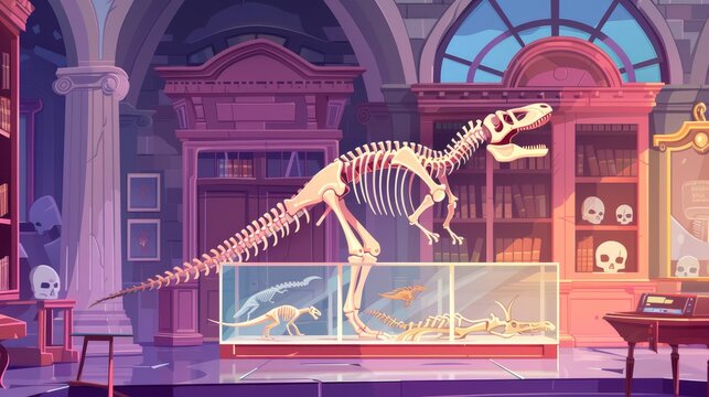 An illustration of a dinosaur skeleton at the museum of history. A pterodactyl fossil and fossil skeleton at a paleontological exhibition. An illustration of paleontology and archeology.
