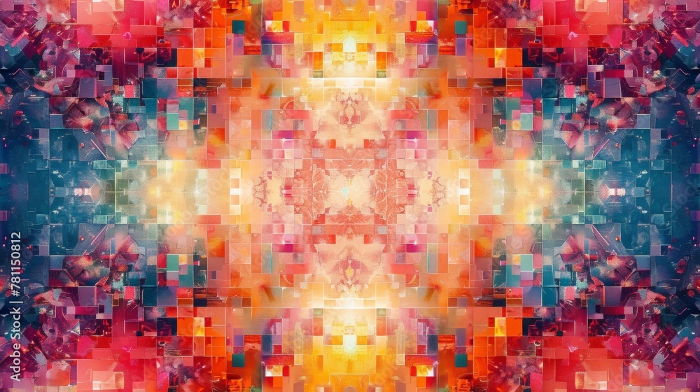 Poster symmetrical kaleidoscope of colorful geometric shapes in abstraction