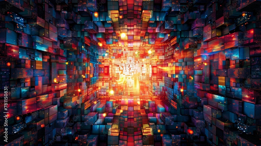 Poster symmetrical kaleidoscope of colorful geometric shapes in abstraction
