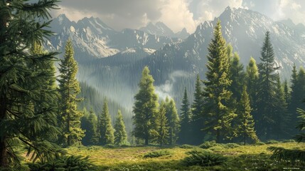 Pine forest wilderness. Generative AI - obrazy, fototapety, plakaty