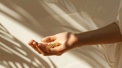 An elegant composition featuring a woman's hand holding a handful of coins, the skin tone radiant against a clean white background.