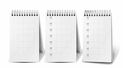 Realistic 3d modern illustration of a calendar with blank pages and a spiral binding. Desktop vertical paper calendar mock up front and side views. Agenda, almanac template.
