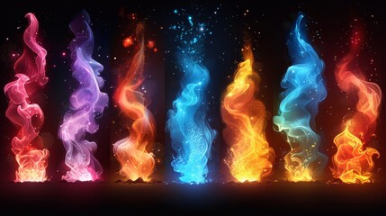 Colorful explosions, clouds, smoke, and fumes. Fire blast, weapon shot. Purple, green, blue, and red elemental magician spells explode and erupt, Cartoon modern set.
