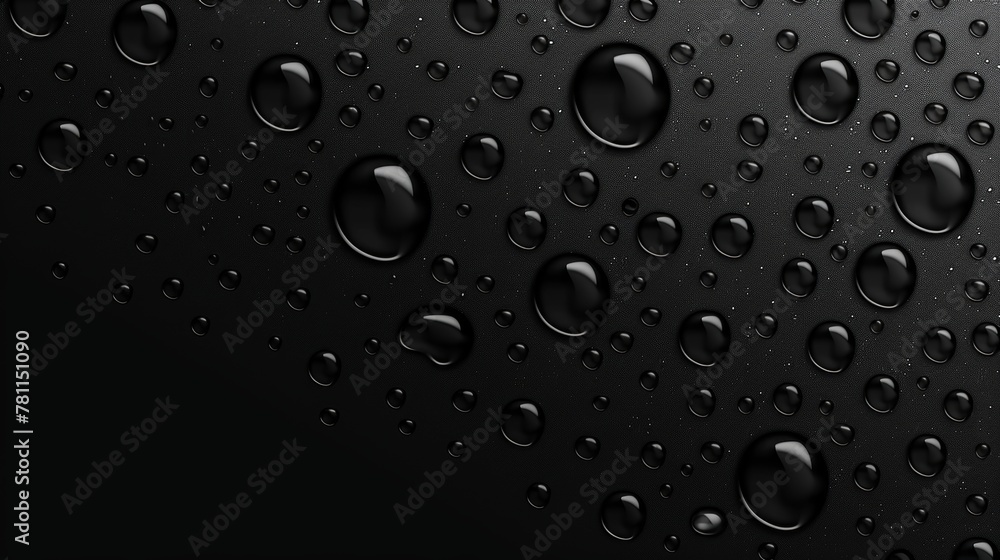 Poster Rain droplets on black window background. Abstract wet texture, scattered pure aqua blobs pattern Background with reflections of light on dark glass. Realistic 3D modern illustration.