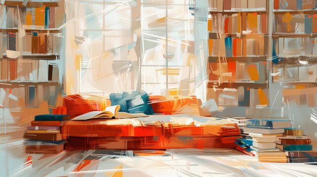 Surreal abstract art of books and geometric shapes