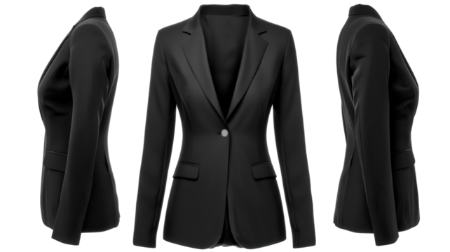 Black blazer for woman, front and side view, mockup, transparent or isolated on white background
