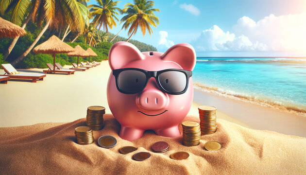 a pink piggy bank wearing sunglasses, sitting on a sandy beach next to a pile of gold coins