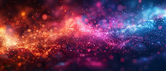 An expansive view of glittering particles in red and blue hues, resembling a cosmic phenomenon or a magical dust cloud.	