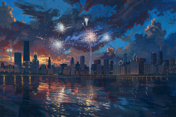 Chicago's 4th of July: A twilight tableau with fireworks reflecting on lake waters - obrazy, fototapety, plakaty