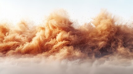 Obraz premium A dirty sandstorm, a sand storm, dirty dust, brown smoke, or a sand cloud isolated on white. A realistic modern illustration.
