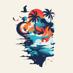 A man's head is shown with a blue ocean and palm trees in the background. Concept of relaxation and tranquility