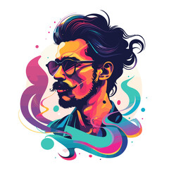 A man with a mustache and sunglasses is smoking a cigarette. The image has a colorful and vibrant feel to it, with the smoke and the man's outfit adding to the overall mood