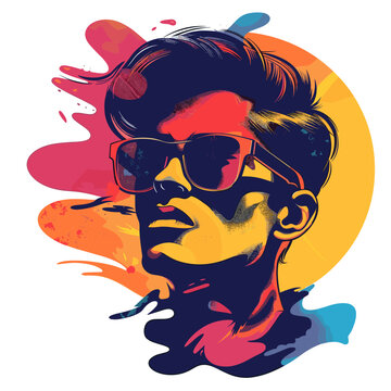 A man with sunglasses on a colorful background. The sunglasses are black and the background is a mix of red, blue, and yellow. The man's face is the main focus of the image