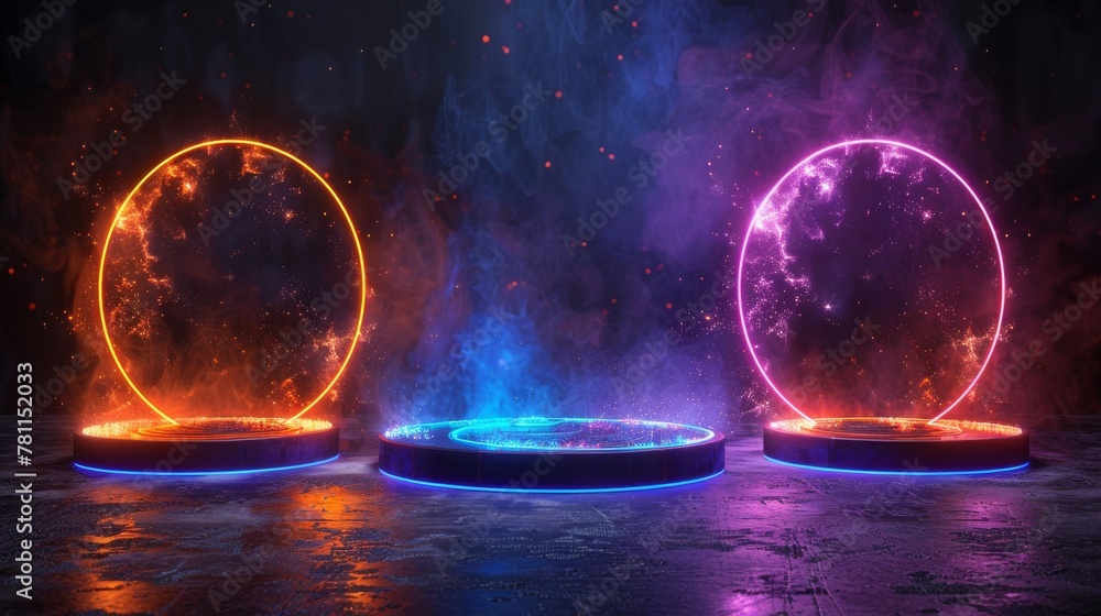 Fototapete A futuristic teleport podium, a healing aura for the game interface and a circle digital portal with neon light, all isolated on a black background.