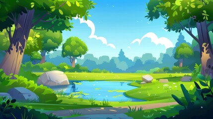 Animated cartoon forest background featuring trees, bushes, ponds, green grass, summer or spring woods or park areas with plants. Modern illustration. - obrazy, fototapety, plakaty