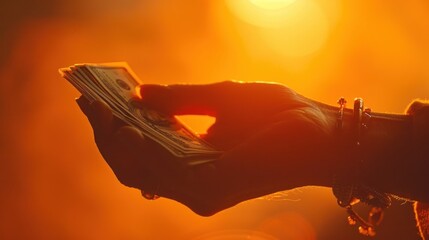 A dramatic close-up of a person's hand exchanging money, the skin tone glowing against a background illuminated with warm orange light. - obrazy, fototapety, plakaty