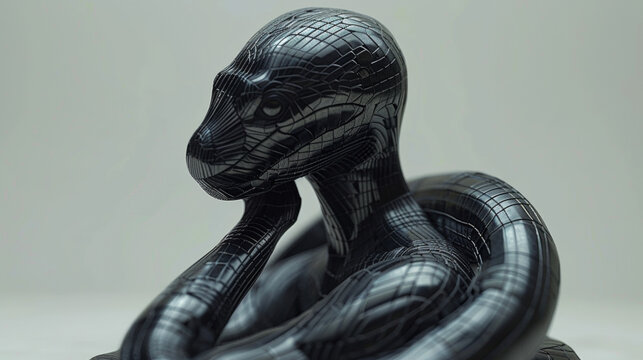 A black and white sculpture of a man with a snake wrapped around his neck. The sculpture is made of wire and has a very abstract and modern look to it. The man's expression is contemplative
