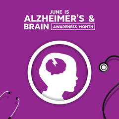Alzheimers and Brain Awareness Month. Brain, human and stethoscope. Great for cards, banners, posters, social media and more. Purple background.