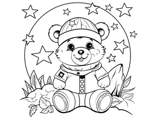 A cute toy bear in a cap and gilet sits against a background of stars and blades of grass, children's minimalist colouring, black and white lines