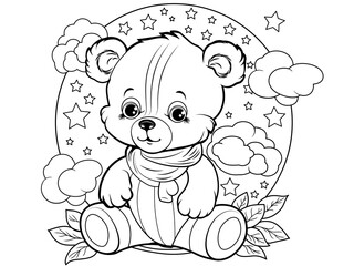Cute toy bear in a scarf sits against a background of stars and clouds, children's minimalistic colouring, black and white lines
