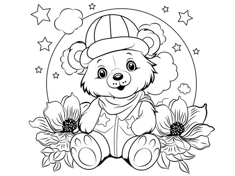 Cute toy bear in cap and gilet sits among flowers, children's minimalistic colouring, black and white lines