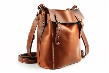 a brown leather bag with straps - obrazy, fototapety, plakaty