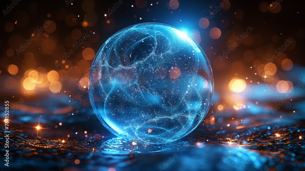 Poster the blue bubble sphere protection shield is dotted with sparkling particles and contains light beams