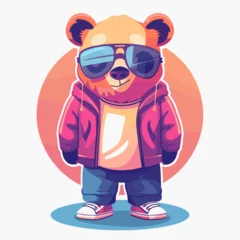 Wandaufkleber A cartoon bear wearing sunglasses and a red jacket. The bear is standing on a blue background. Scene is fun and playful © whitecityrecords
